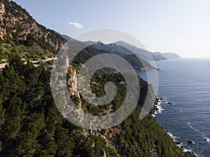 Panorama of mediterranean sea coast shore green nature landscape Torre del Verger Banyalbufar Mallorca Balearic Spain