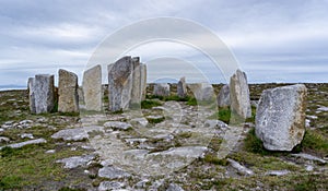 Panorama of the megalith site of Tobar Dherbhile on the Mullet Peninsula of County Mayo in Ireland