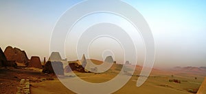 Panorama of Meroe pyramids in the desert at sunset, Sudan,