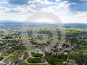 Panorama of the mestain near the town of Jaslo in Poland from a bird`s eye view. Aerial photography of landscapes and settlements.