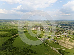 Panorama of the mestain near the town of Jaslo in Poland from a bird`s eye view. Aerial photography of landscapes and settlements.