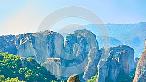 Panorama of Meteora rocks with The Monastery of Rousanou