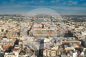 Panorama of Mexico city central part centrum ciudad from skyscraper Latino americano. View with buildings. Travel photo, backgro