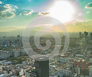 Panorama of Mexico city central part from skyscraper Latino americano. View with buildings. Travel photo, background, wallpaper photo