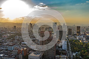 Panorama of Mexico city central part from skyscraper Latino americano. View with buildings. Travel photo, background, wallpaper. photo