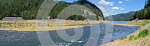 Panorama of the Middle Fork Willamette River flowing between the mountains in the Willamette National Forest, Oregon, USA
