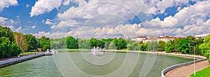 Panorama of Minsk cityscape with Svislach Svislac river embankment Janka Kupala Park and General Headquarters building