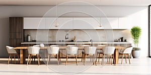 Panorama of modern minimalist interior design of kitchen with island, dining table and chairs