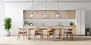 Panorama of modern minimalist interior design of kitchen with island, dining table and chairs