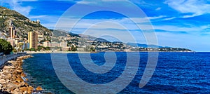 Panorama of Monaco coastline and luxury residential apartment buildings in Monte Carlo Principality of Monaco