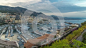Panorama of Monte Carlo day to night timelapse from the observation deck in the village of Monaco with Port Hercules