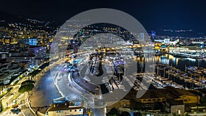 Panorama of Monte Carlo timelapse hyperlapse at night from the observation deck in the village of Monaco with Port