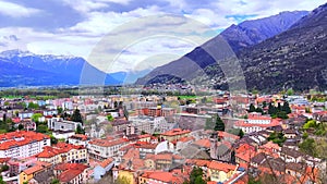 Panorama of Montebello ramparts, Alps, Castelgrande Castle and Bellinzona roofs, Ticino, Switzerland