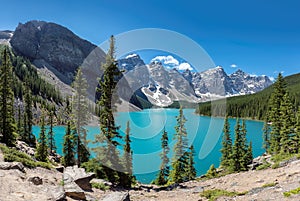 Panorama of Moraine Lake in Banff National Park, Canada