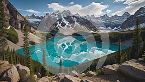 Panorama of Moraine Lake in Banff National Park, generative ai