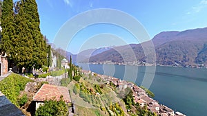 Panorama of Morcote with Monumental Cemetery and Lake Lugano, Switzerland