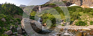 Panorama Of Morning Eagle Falls In Glacier