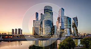 Panorama of Moscow-City skyscrapers at night, Russia