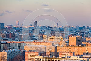 Panorama of Moscow at sunset. City skyline on winter day