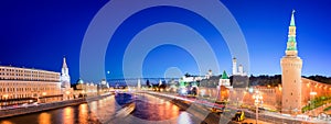 Panorama of the Moskva river with the Kremlin's towers at night, Moscow, Russia