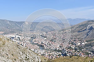 The panorama of the Mostar and the old bridge viewed from the Hum hill