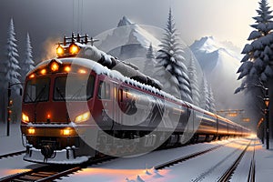 A Panorama of a Motorized Train Amidst Snowy Mountains, Cloudy Skies, Pine Trees, and Snow Covered Rails. AI generated