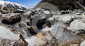 Panorama of Mount Cook with river flowing over rocks in the foreground, Mount Cook Aoraki National Park, New Zealand