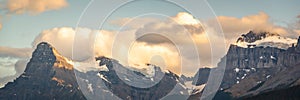 Panorama of Mount Outram at sunset, view from Icefields Parkway in Banff National Park, Alberta, Rocky Mountains Canada