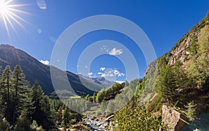 Panorama of mountain gorge with evergreen mixed forest and stream surrounded by alpine slopes and brightly shining sun