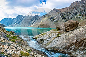 Panorama mountain lake Ala-Kul, Kyrgyzstan.