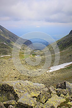 Panorama with mountain lake in High Tatra, Slovakia, Europe