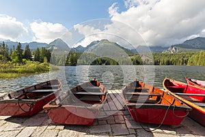 Panorama mountain lake Strbske Pleso in the Tatra mountains. Summers colors and boat for swimming