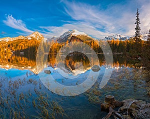 Panorama of a mountain lake in winter scenery, Strbske Pleso, Sl