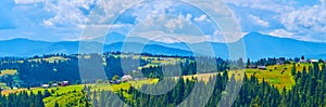 Panorama of the mountain meadow (polonyna) and silhouette of Chornohora Range, Carpathians, Ukraine