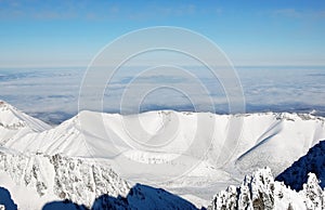 Panorama of mountain peaks in the High Tatras in winter from Lomnicky Peak.