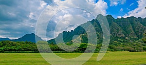 Panorama of the mountain range by famous Kualoa Ranch in Oahu, H