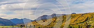 Panorama Mountain range of the Southern Alps, Lake Wanaka, at Dublin Bay, in Wanaka, Otago, South Island, New Zealand