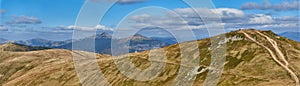 Panorama of a mountain range in the Ukrainian Carpathians in autumn