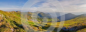 Panorama mountain ridge overlooking the mountain Hoverla. Carpathians, Ukraine, Europe.