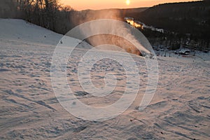 Panorama of the  mountains in the evening at the ski resort Sigulda, Latvia. River Gauja. Snow blowWoods Forest Landscape in white