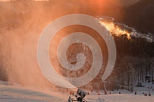 Panorama of the  mountains in the evening at the ski resort Sigulda, Latvia. River Gauja. Snow blowWoods Forest Landscape in white