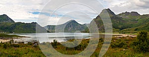 Panorama of mountains and fjord with sea, Lofoten, Norway