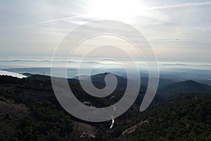 Panorama of the mountains and forests of El Valles in Catalonia photographed from the mount of La Mola next to Montserrat.