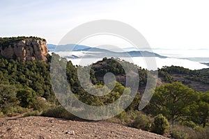 Panorama of the mountains and forests of El Valles in Catalonia photographed from the mount of La Mola next to Montserrat.