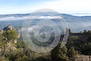 Panorama of the mountains and forests of El Valles in Catalonia photographed from the mount of La Mola next to Montserrat.