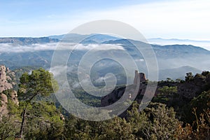 Panorama of the mountains and forests of El Valles in Catalonia photographed from the mount of La Mola next to Montserrat.