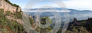 Panorama of the mountains and forests of El Valles in Catalonia photographed from the mount of La Mola next to Montserrat.