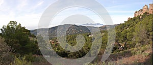 Panorama of the mountains and forests of El Valles in Catalonia photographed from the mount of La Mola. View of Montserrat.