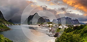 Panorama of mountains and Reine in Lofoten islands, Norway