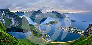 Panorama of mountains and Reine in Lofoten islands, Norway